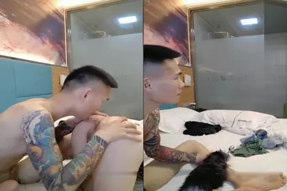 Tattooed guy and big tits girl double show licking tits oral sex tail anal plug inserted into the anus tilted ass to play very tempting like don't miss it