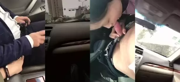 After get off work, the little lover had sex with his suit friend on the roadside in a car, riding without a condom and fucking hard and cumming directly inside