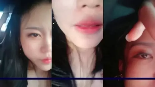 The flower-like beauty and her fans play in the car outdoors. The car shock is very exciting.