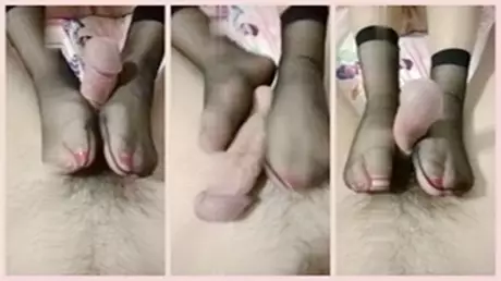 Sexy stockings feet slightly exposed slut gives me a footjob and cums on my big cock
